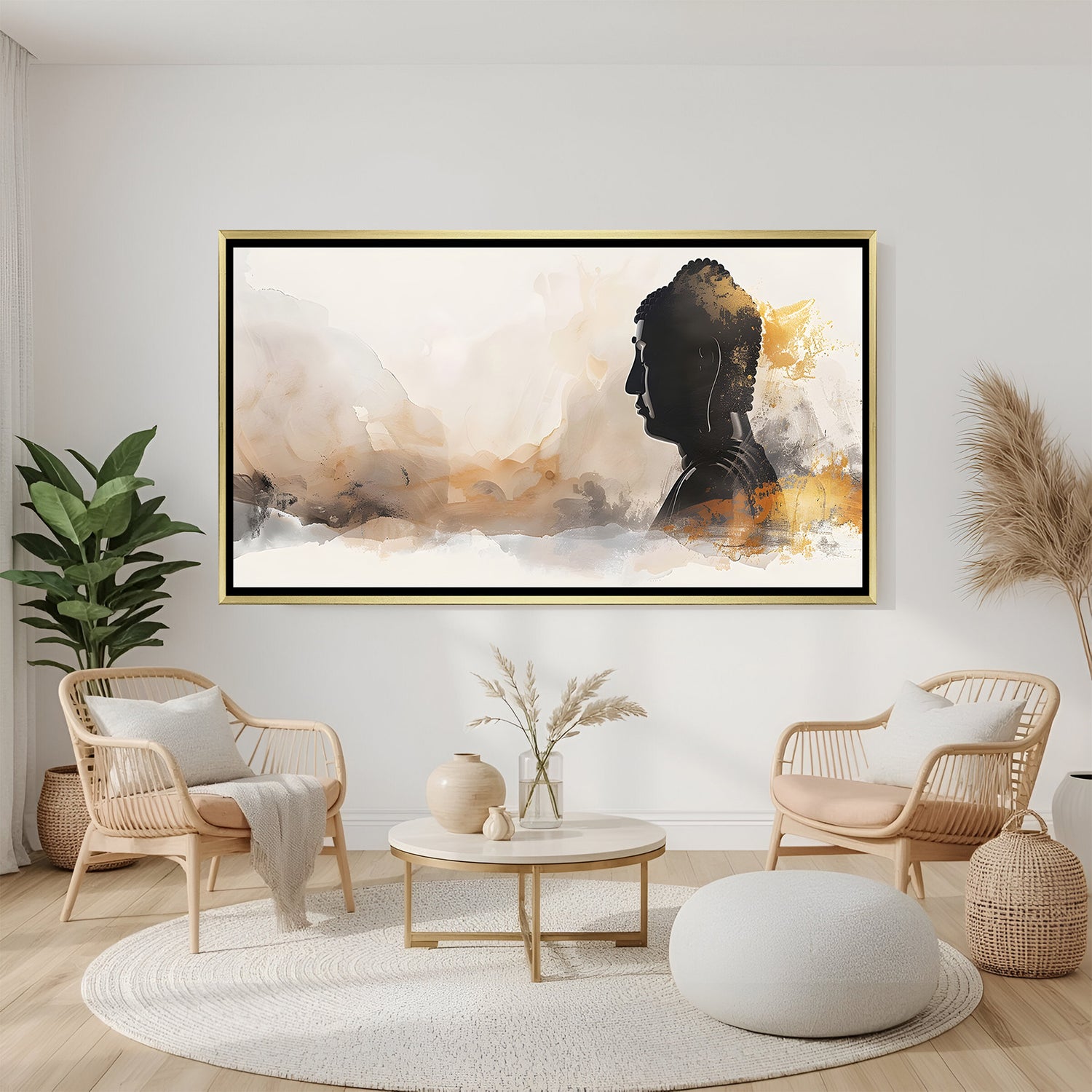 Contemporary Buddha profile canvas in gold floater frame featuring soft brushstroke textures.