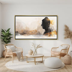 Contemporary Buddha profile canvas in gold floater frame featuring soft brushstroke textures.
