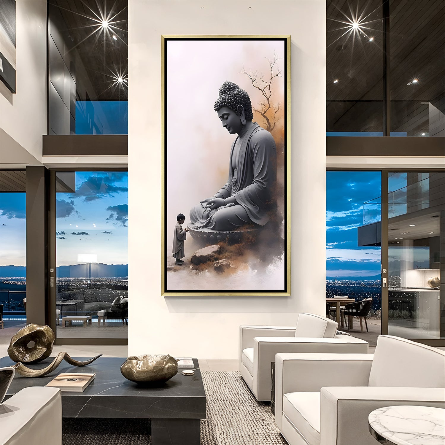 Elegant Buddha spiritual artwork in gold floater frame featuring serene devotional scene.