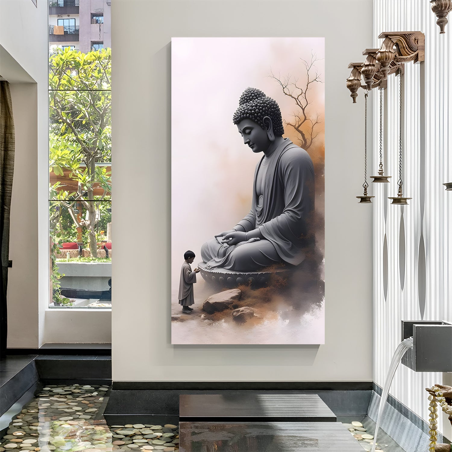Vertical Buddha artwork showing large seated Buddha and small child in soft neutral tones.