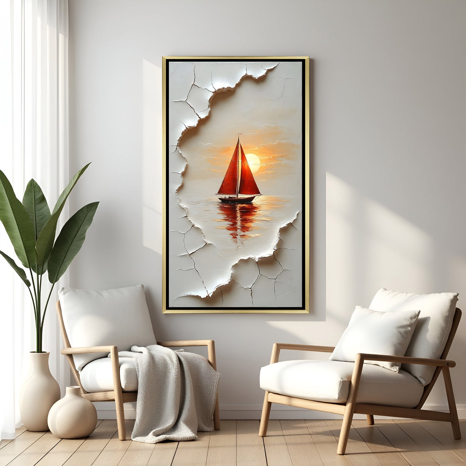 Luxury river boat canvas artwork in golden floater frame featuring calm water reflections and modern artistic textures