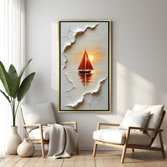 Luxury river boat canvas artwork in golden floater frame featuring calm water reflections and modern artistic textures