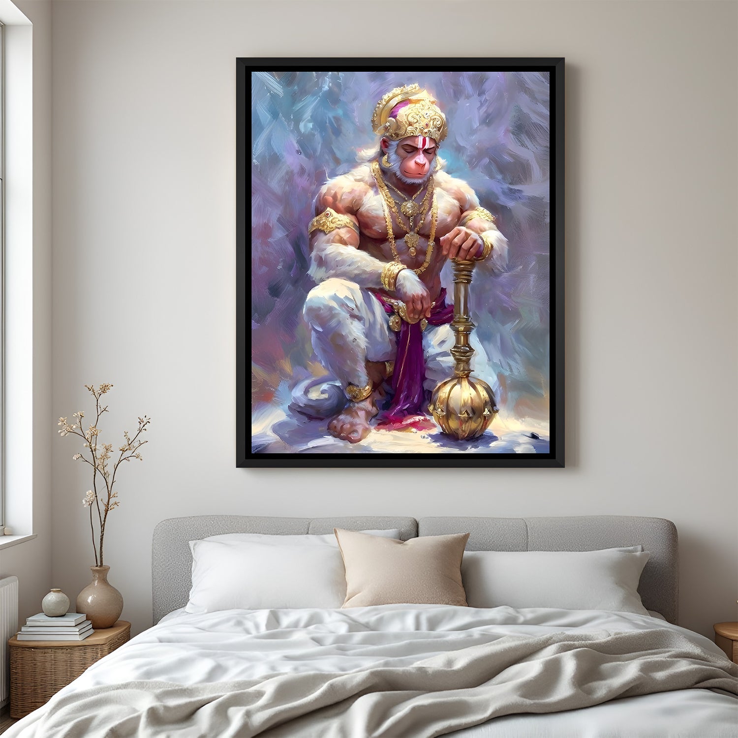 Meditative Hanuman artwork with closed eyes and sacred weapon in elegant black floater frame