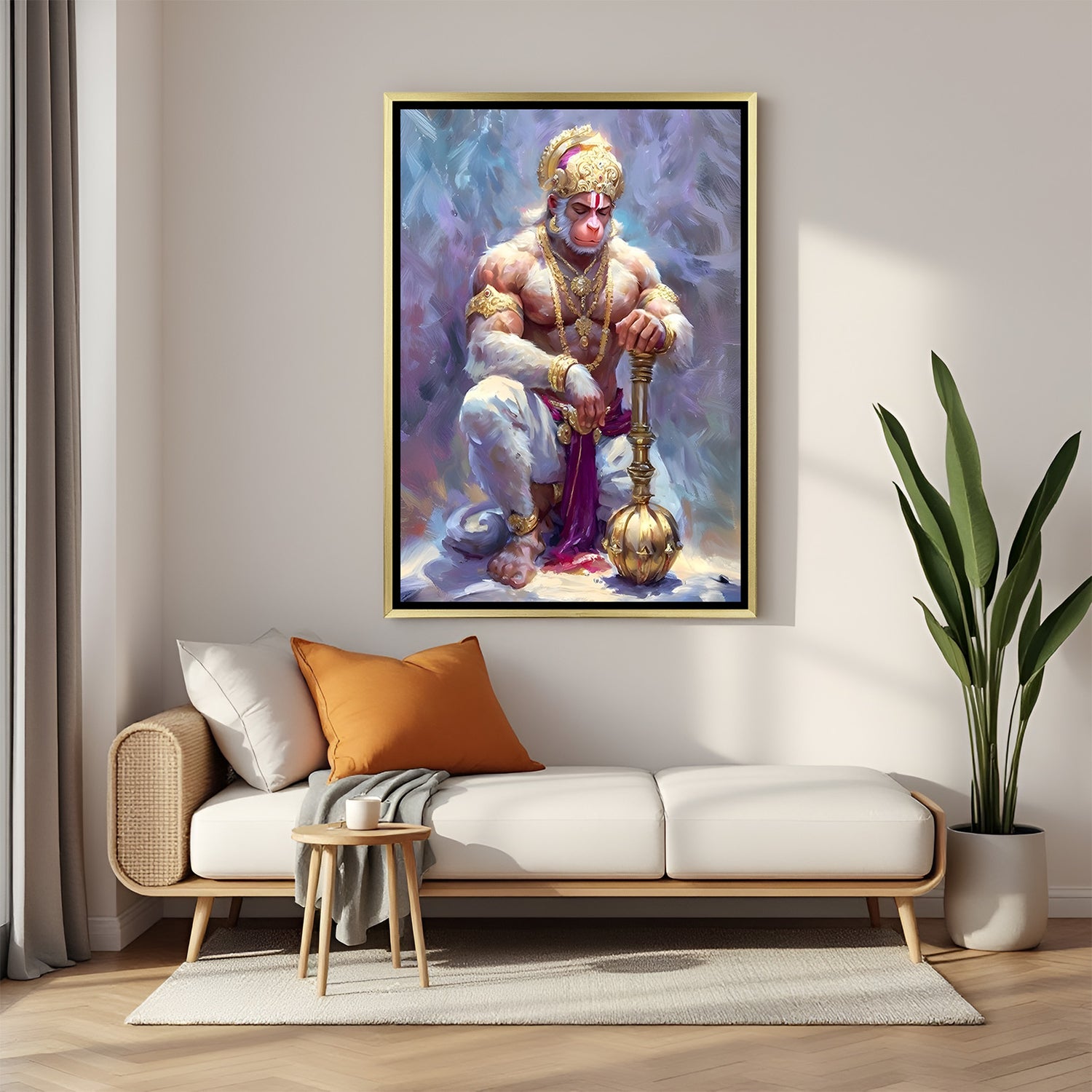 Silent Valor Hanuman artwork in luxury golden floater frame featuring peaceful seated posture