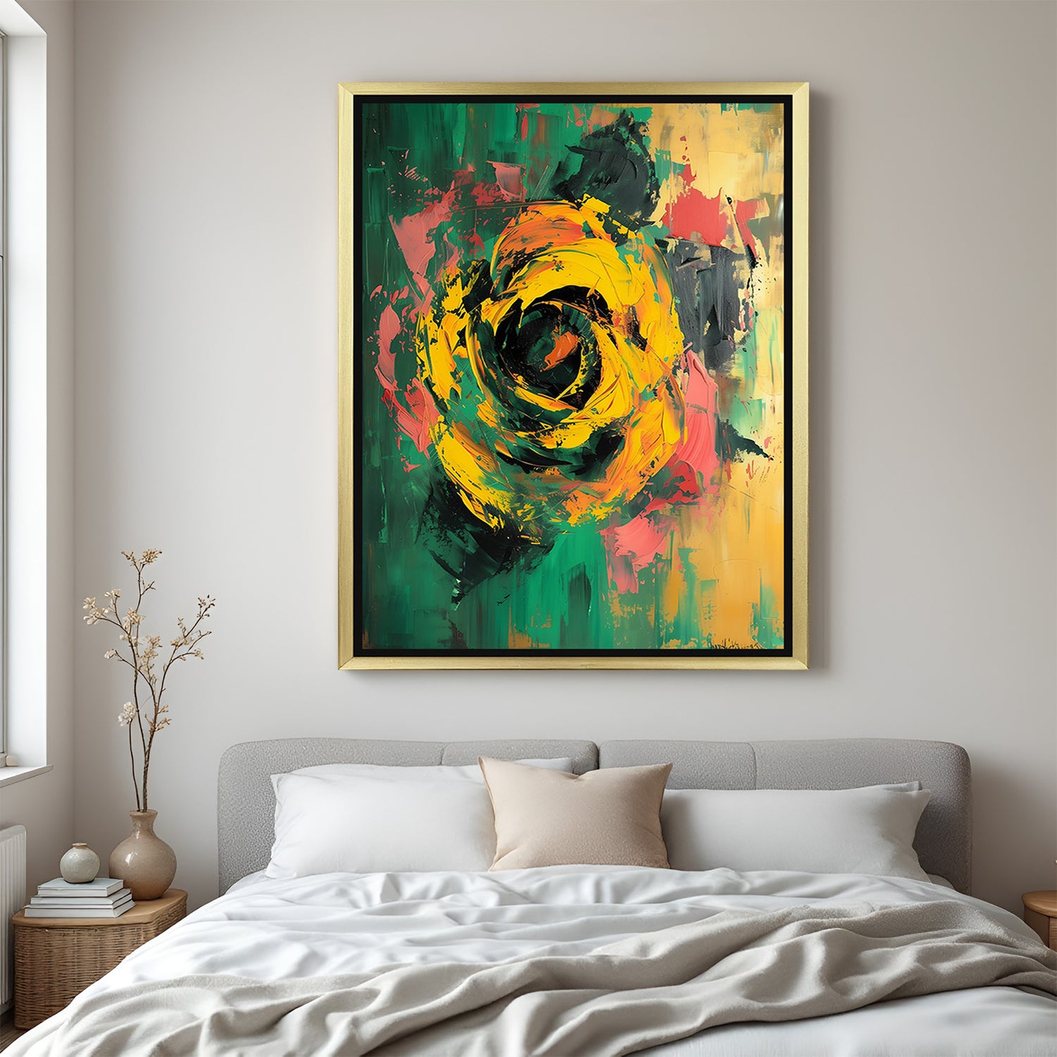Golden frame abstract canvas featuring one artistic flower – simple yet expressive large wall art for contemporary decor