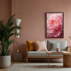 Framed canvas wall art of a blooming pink flower with black floater frame, perfect for elegant and modern home or office spaces