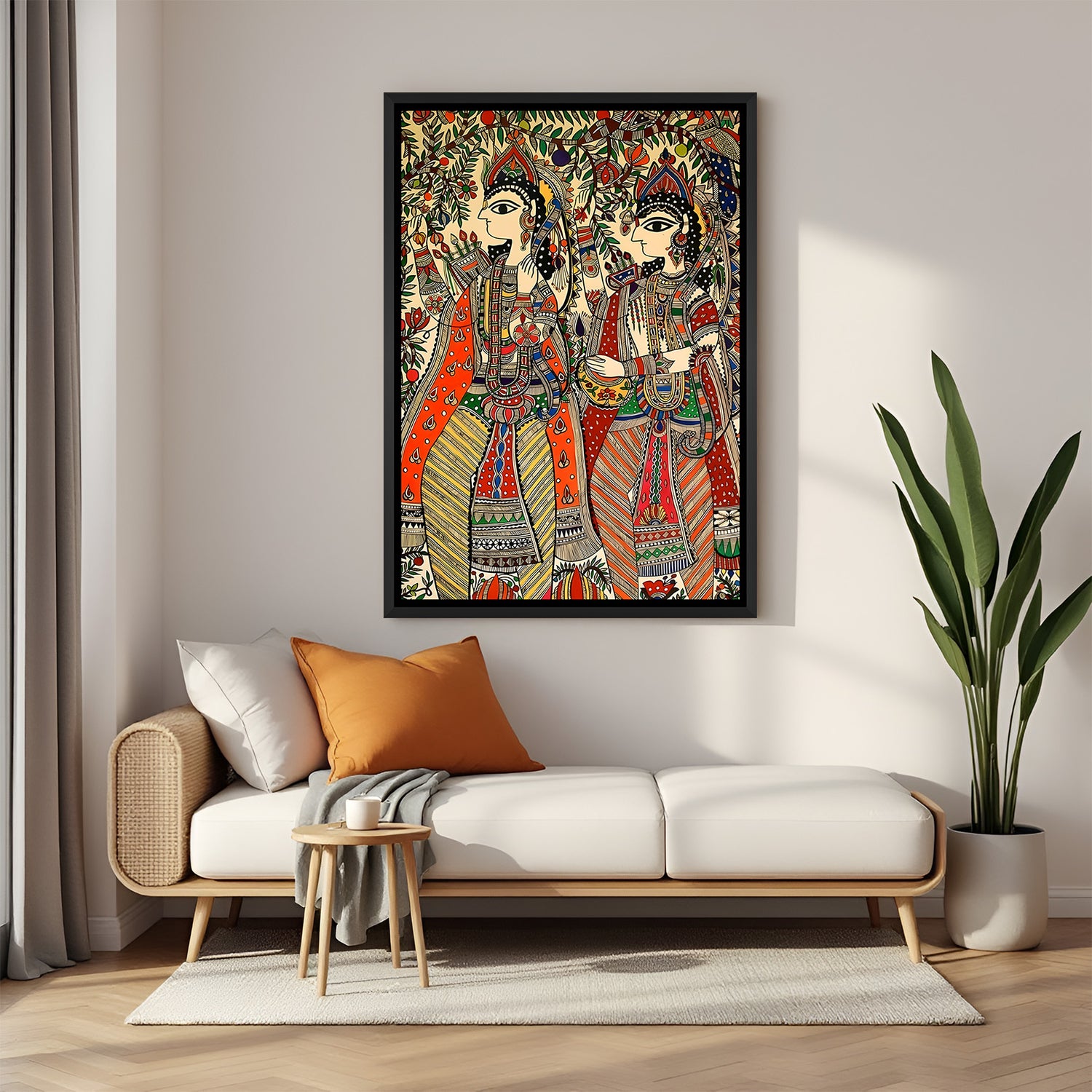 Divine Sita Ram Madhubani artwork in elegant black floater frame for spiritual interiors