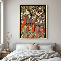 Luxury Sita Ram Madhubani painting canvas in golden floater frame with rich traditional design