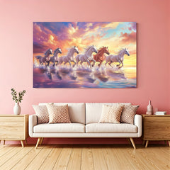 Six running horses vastu canvas painting symbolizing energy, speed, strength, and stability for home and office wall decor