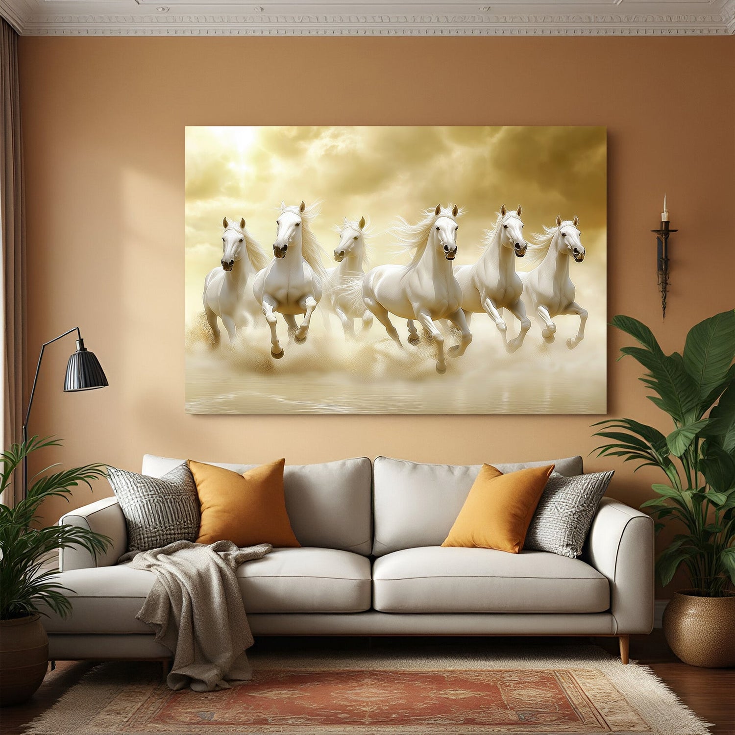 Six white horses Vastu canvas wall art representing wisdom, movement, and prosperity for home and office wall decor