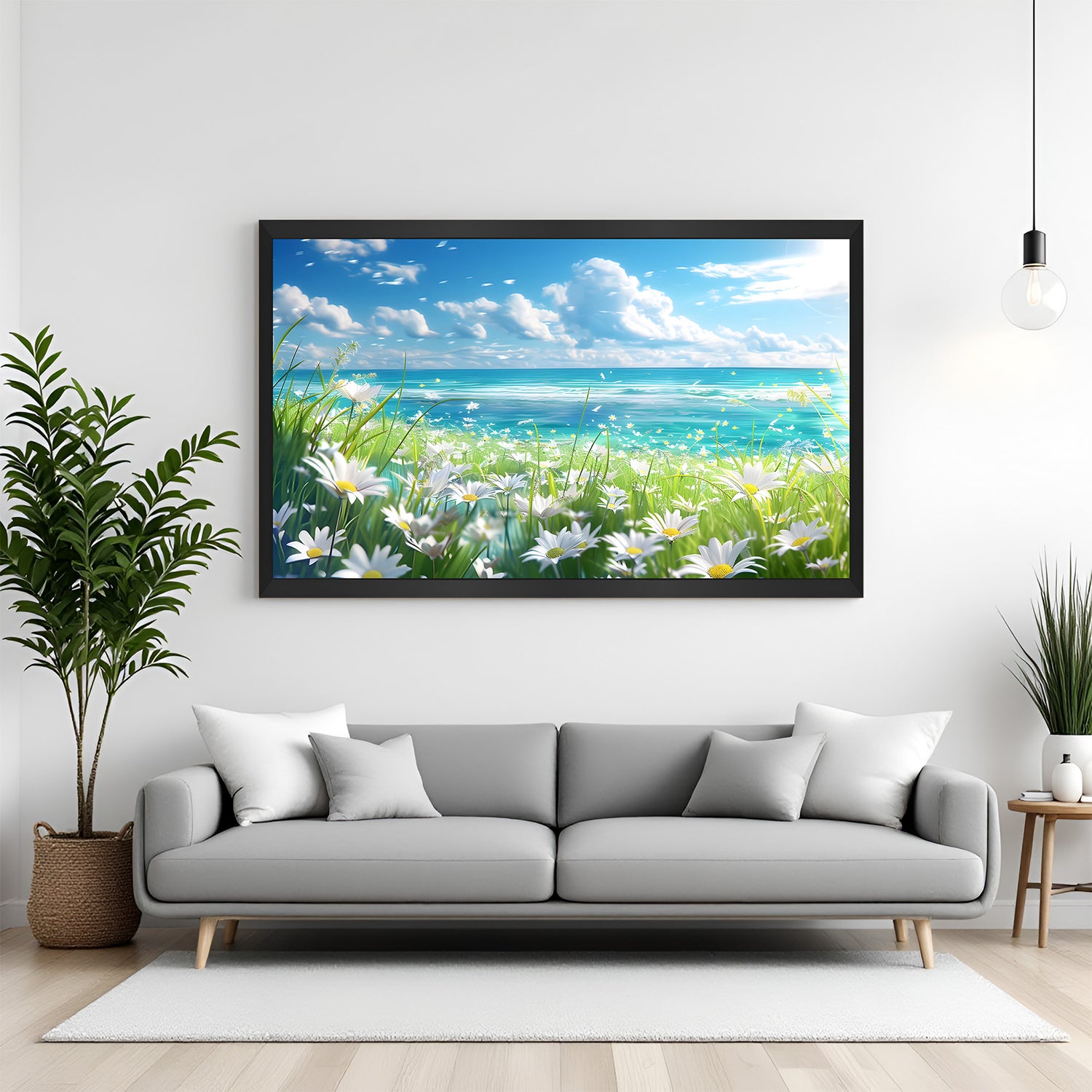 Framed canvas print of a scenic blend of sea, sky, flowers, and grass with black floater frame, perfect for fresh and aesthetic home decor