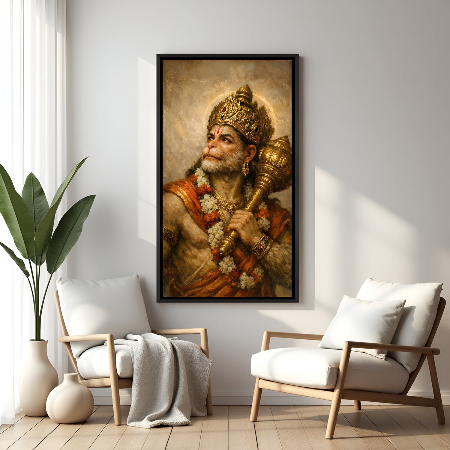 Classic Hanuman painting with gada and heavenly gaze in elegant black floater frame