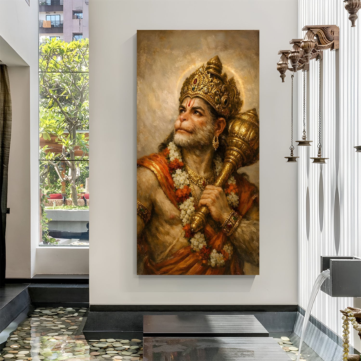 Lord Hanuman holding gada and looking toward the sky with golden halo in premium canvas wrapped frame