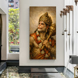 Lord Hanuman holding gada and looking toward the sky with golden halo in premium canvas wrapped frame