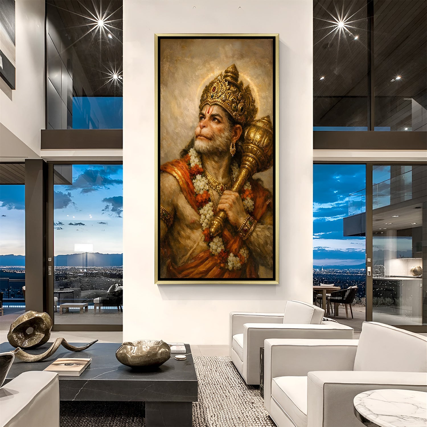 Skyward Resolve Hanuman artwork in luxury golden floater frame featuring divine halo and sacred gada