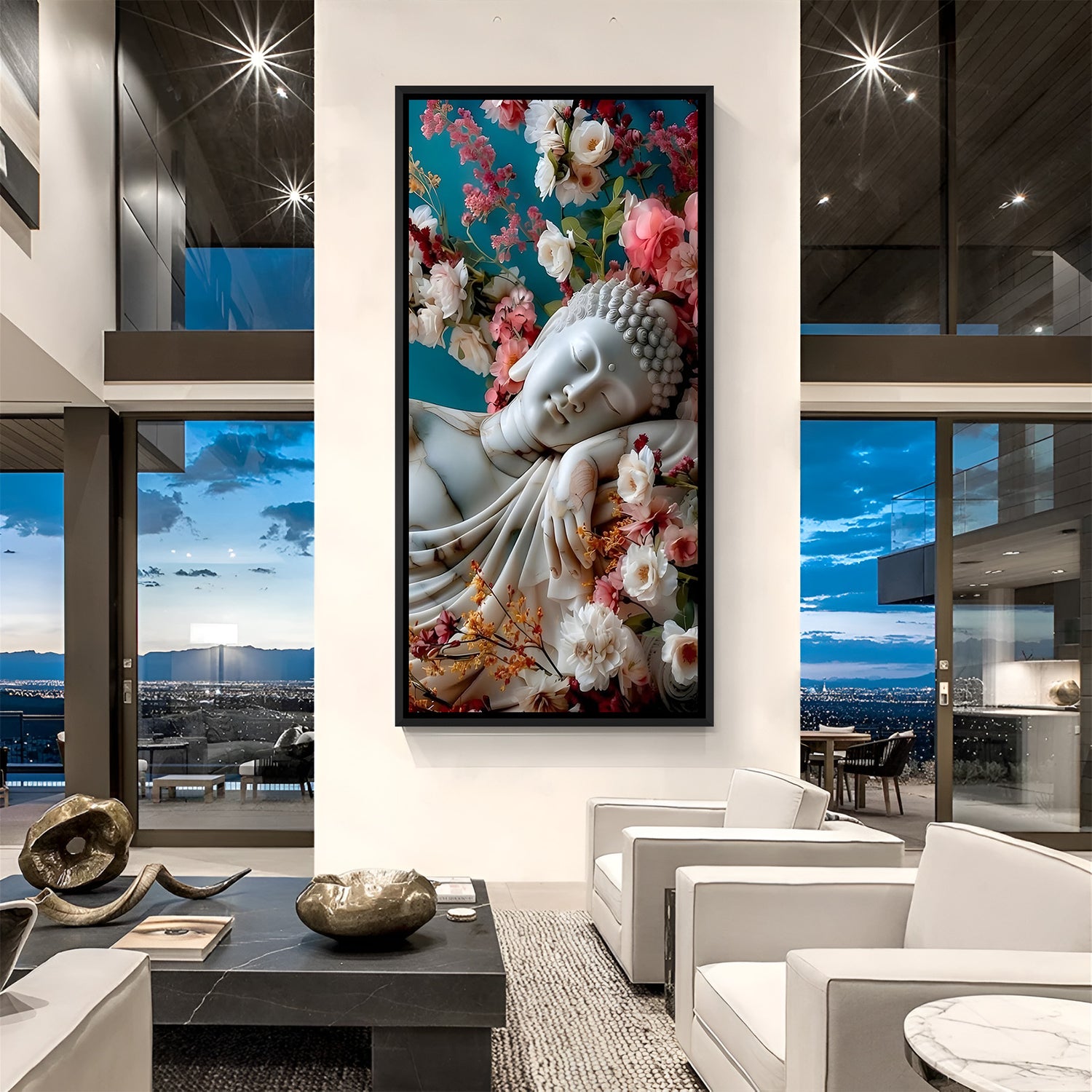 Sleeping Buddha Floral spiritual canvas artwork in premium black floater frame