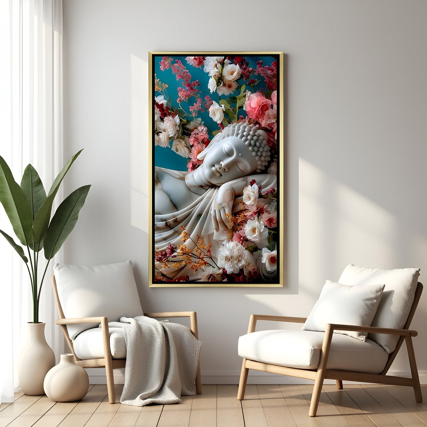 Sleeping Buddha wall art in luxury golden floater frame with floral spiritual design