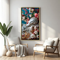 Sleeping Buddha wall art in luxury golden floater frame with floral spiritual design