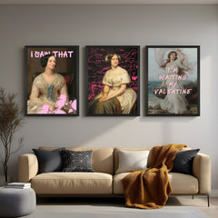 Wall display of a set of 3 funny and clever women-themed canvas prints, including attitude, intelligence, and romantic humor – perfect for stylish interiors
