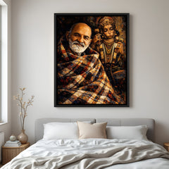 Neem Karoli Baba devotional artwork with Hanuman Ji backdrop in elegant black floater frame