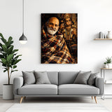 Neem Karoli Baba smiling with Lord Hanuman in the background in premium canvas wrapped frame