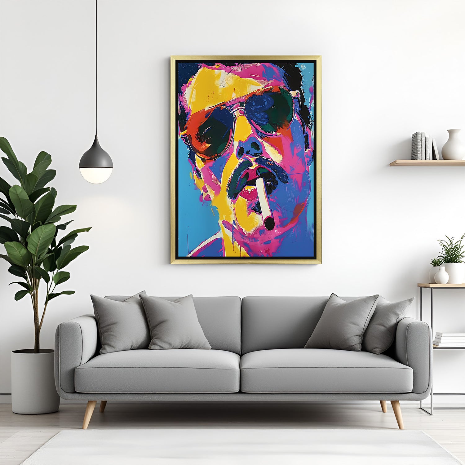 Golden-framed artwork of a stylish man with sunglasses smoking, perfect for premium decor spaces with a bold, cinematic modern art touch