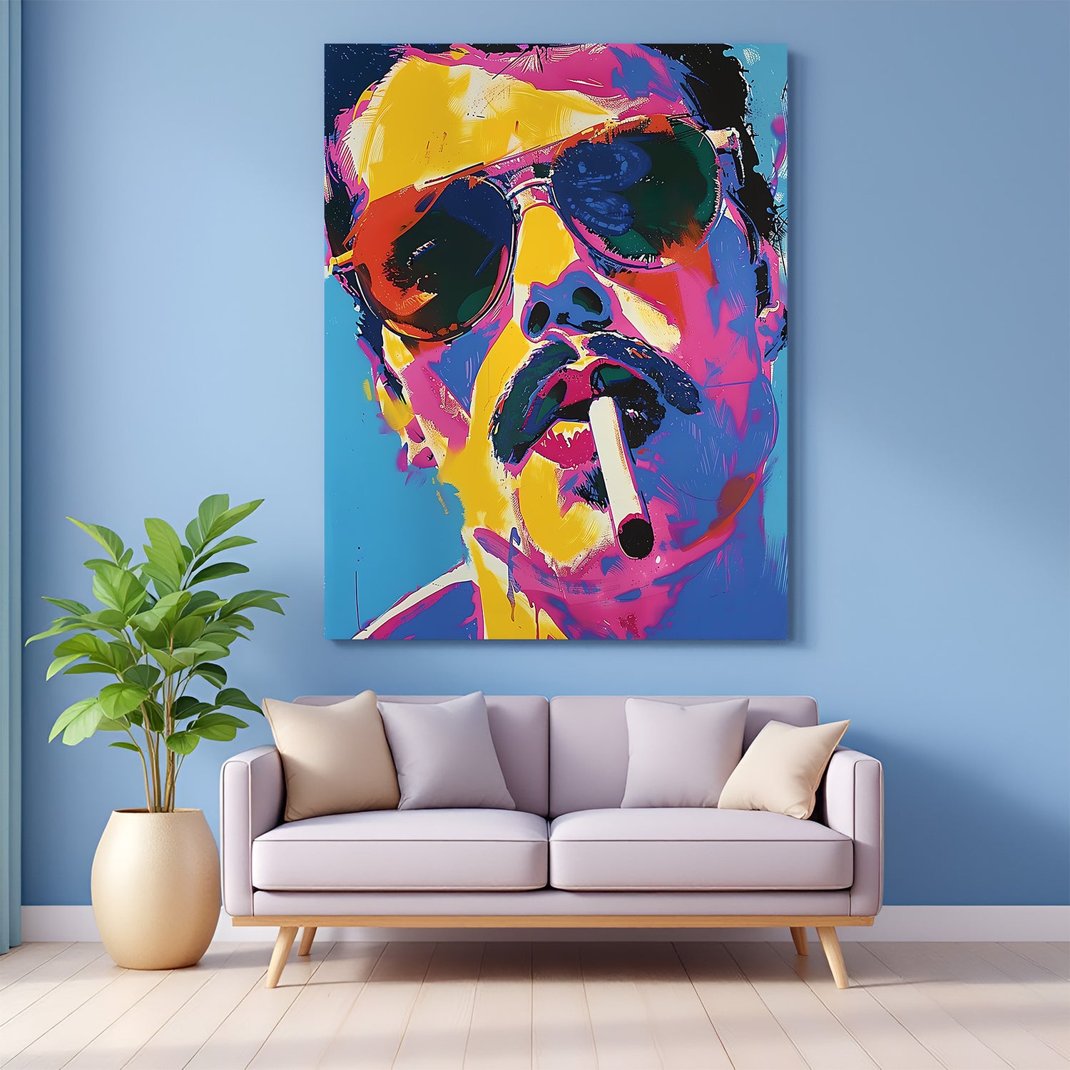 Modern art canvas featuring a cool man wearing sunglasses and smoking, designed in a bold, moody style for edgy and confident wall decor