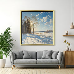 Peaceful snowy tree scenery with winter sky, displayed in golden floater frame for warm and elegant seasonal home wall decor