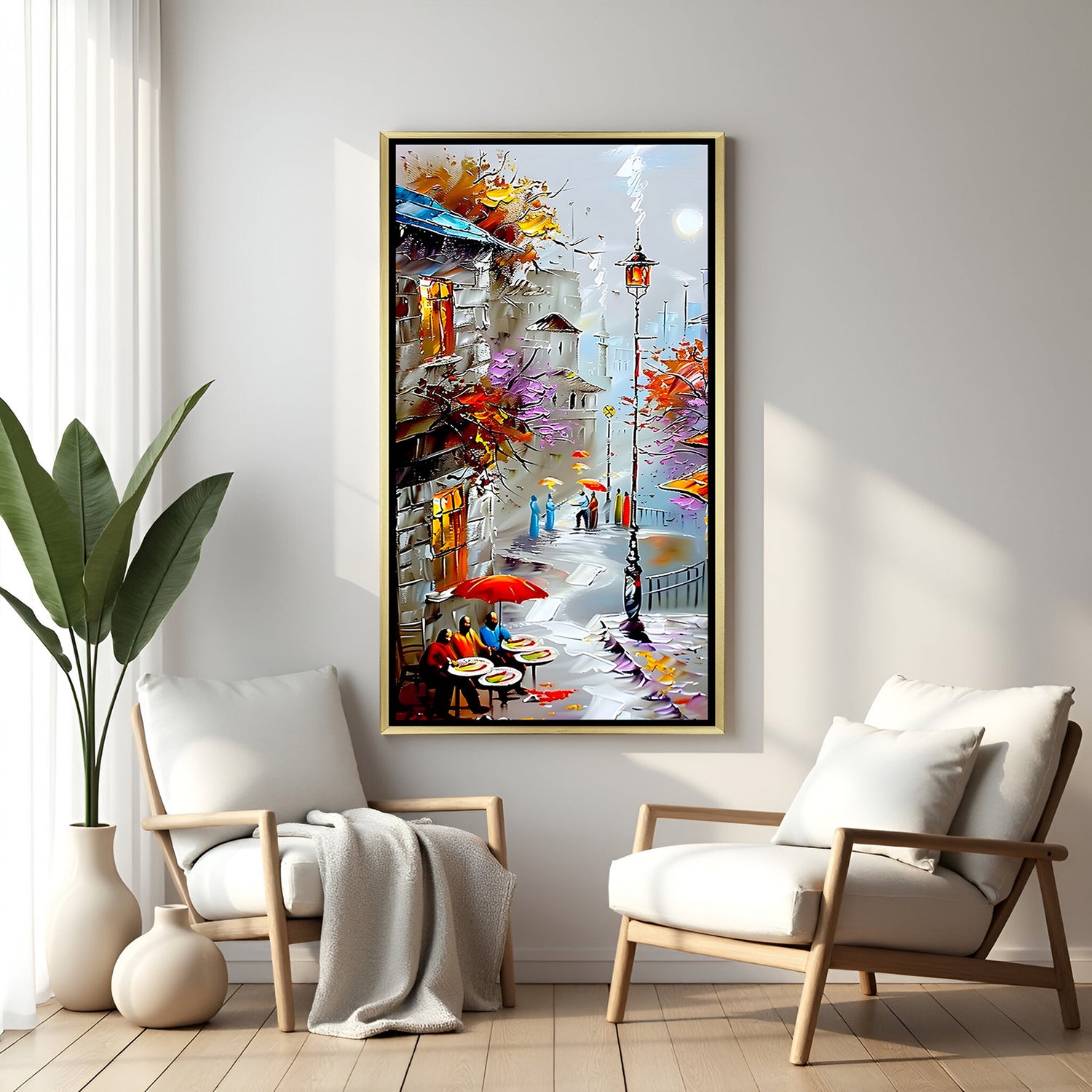 Luxury snowy modern canvas artwork in golden floater frame featuring serene winter scenery and artistic textures