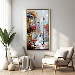 Luxury snowy modern canvas artwork in golden floater frame featuring serene winter scenery and artistic textures