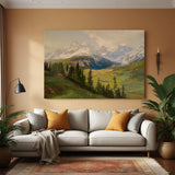 Vintage canvas wall art of snowy mountains and rolling hills—ancient landscape painting with natural depth