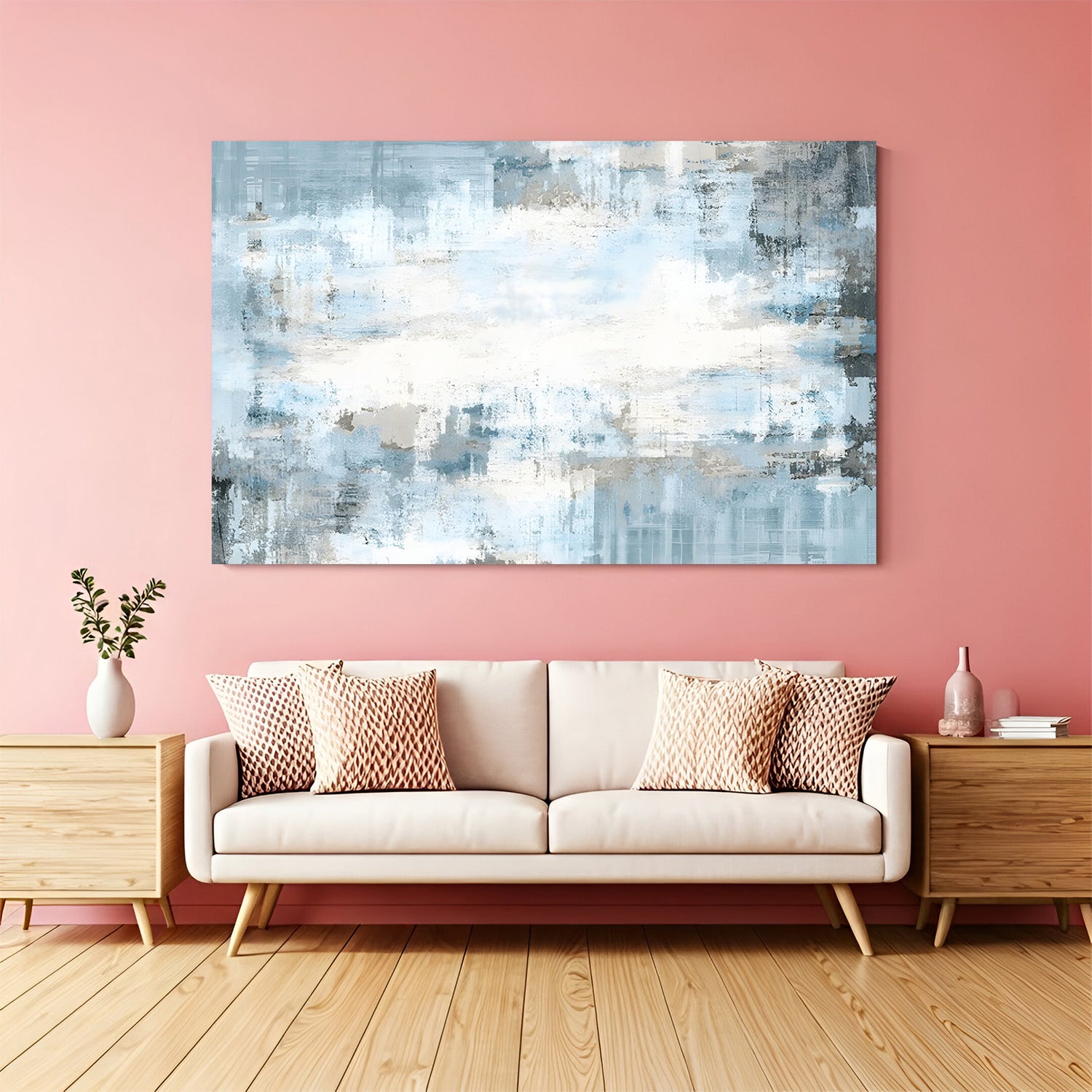 Soft blue abstract textured canvas wall art with calm brush strokes in modern living room