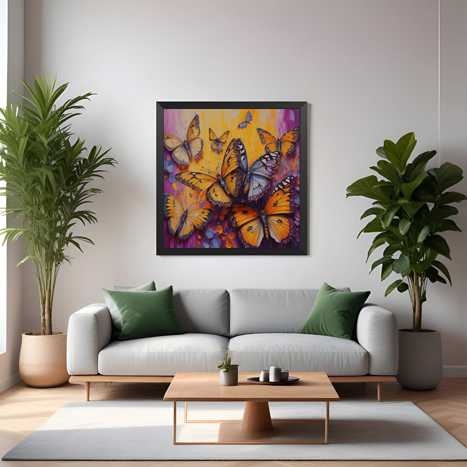 Butterfly canvas wall art with black floater frame in soft pastel abstract style