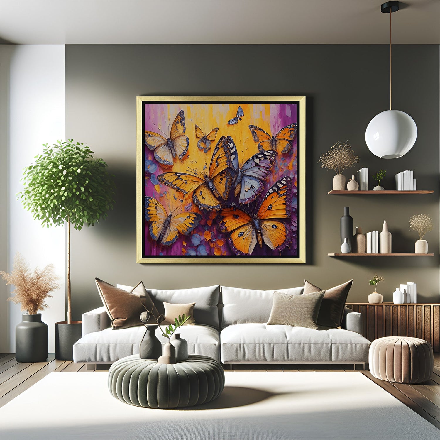 Elegant butterfly abstract canvas art with gold floater frame in pastel colors