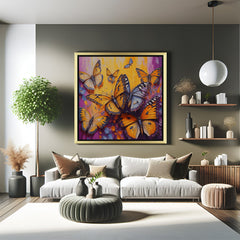 Elegant butterfly abstract canvas art with gold floater frame in pastel colors