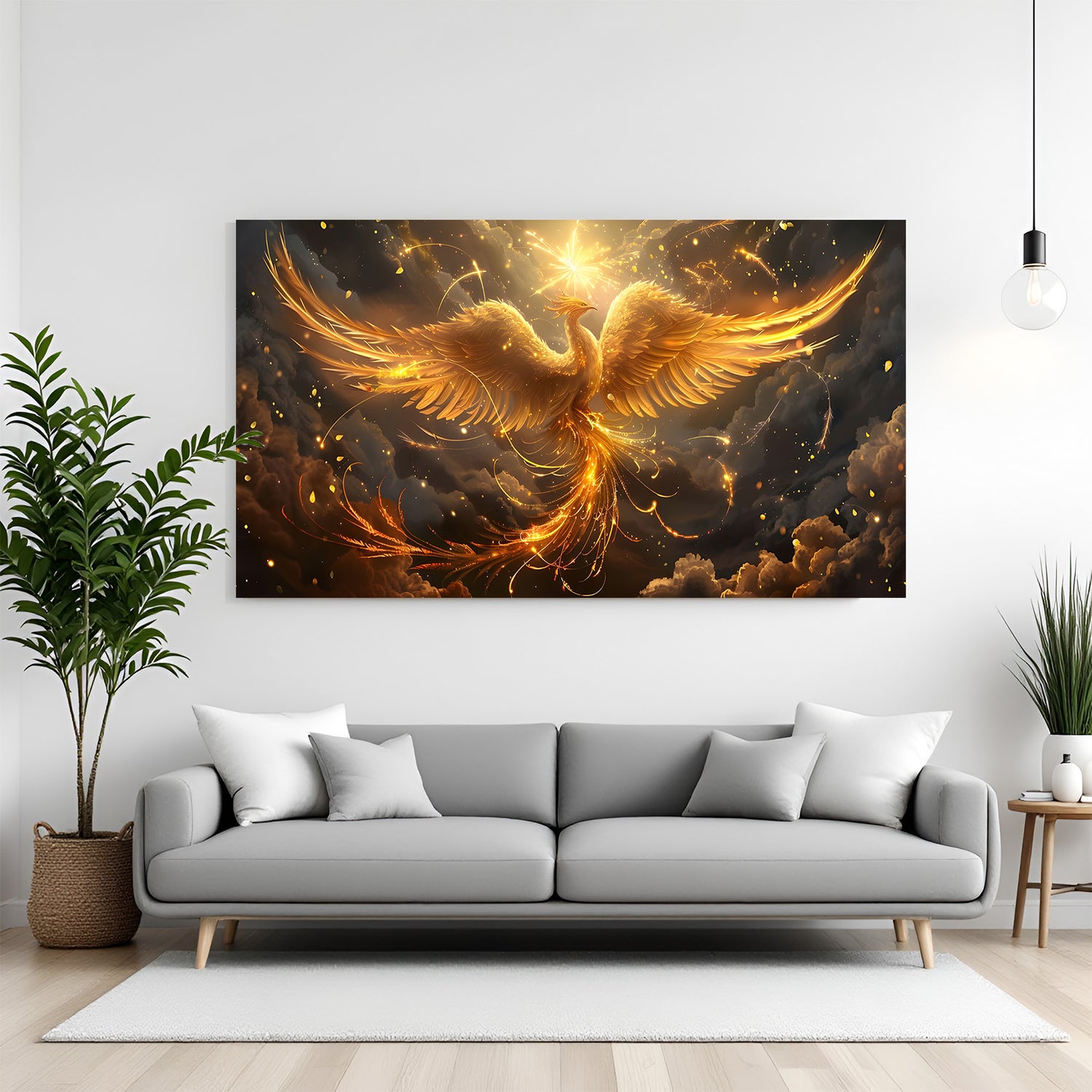 Large panoramic golden phoenix wall art rising beneath radiant starburst light in dramatic clouds.