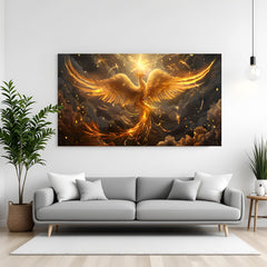 Large panoramic golden phoenix wall art rising beneath radiant starburst light in dramatic clouds.