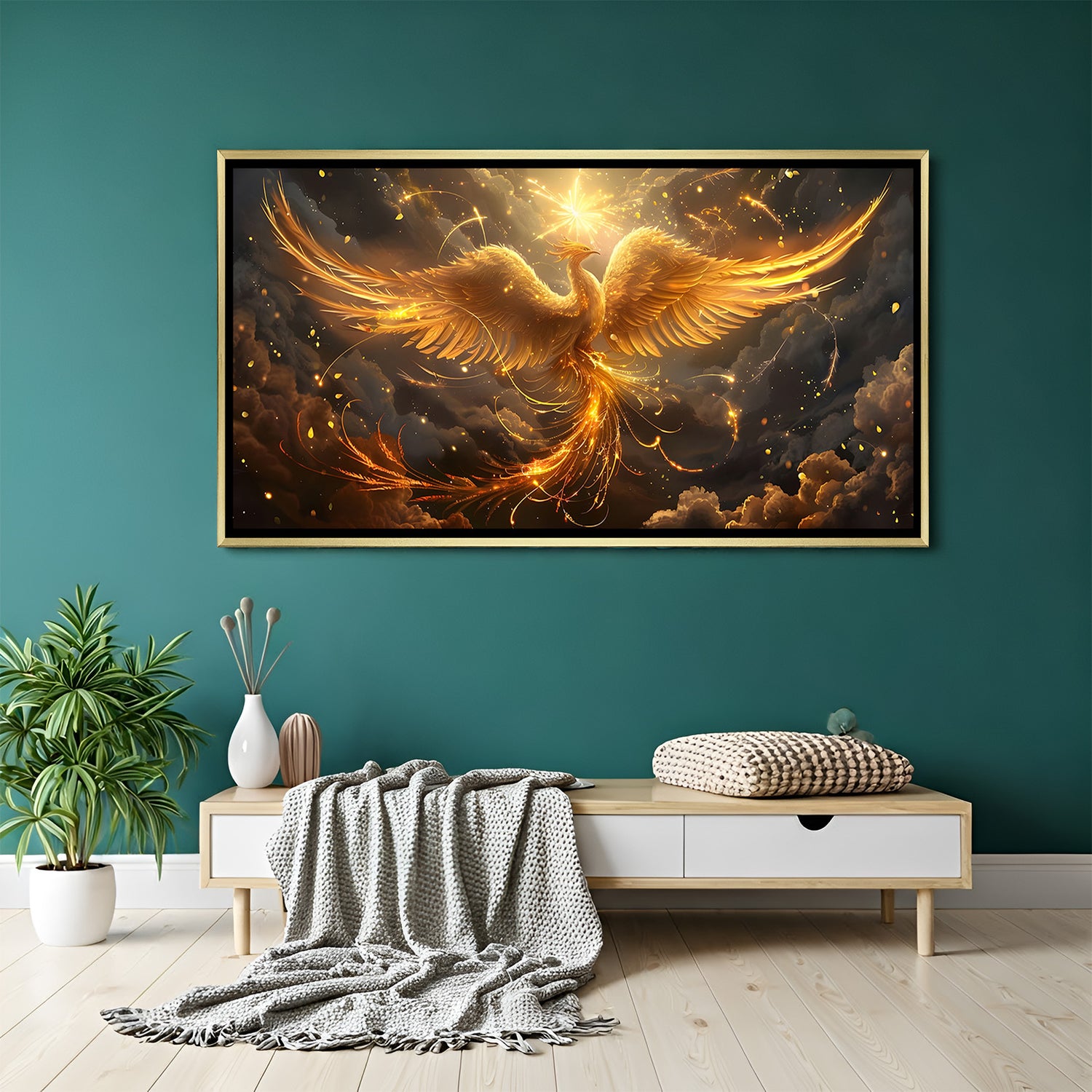 Elegant golden phoenix wall art in gold frame featuring glowing wings and celestial light burst.