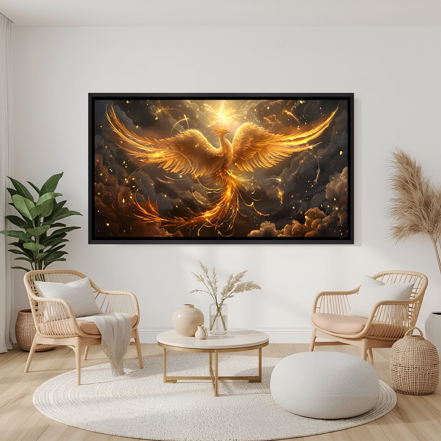 Luxury golden phoenix panorama artwork in sleek black frame displayed above modern grey sofa.