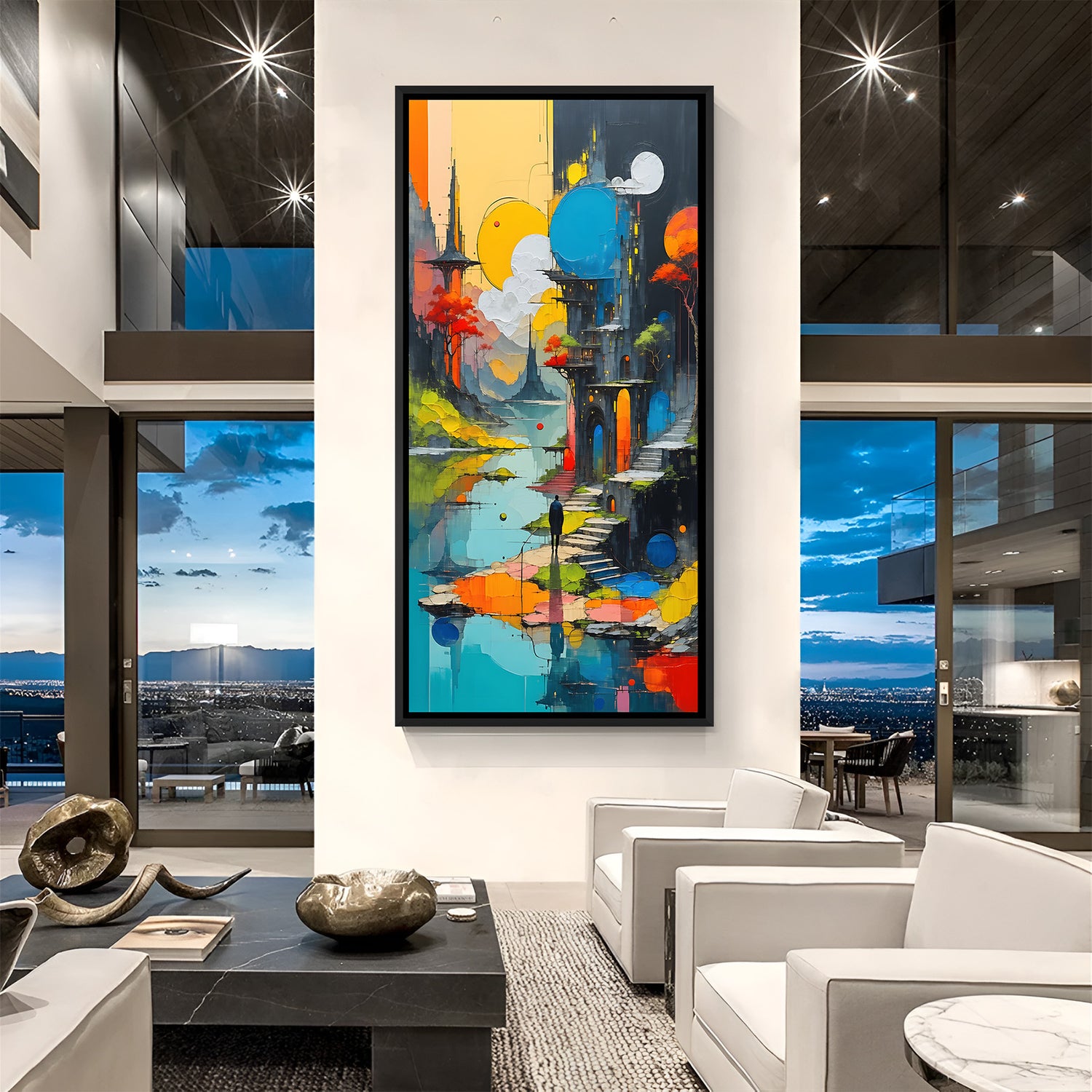 Modern abstract scenery artwork with tiny standing man and water body in elegant black floater frame