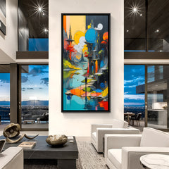 Modern abstract scenery artwork with tiny standing man and water body in elegant black floater frame