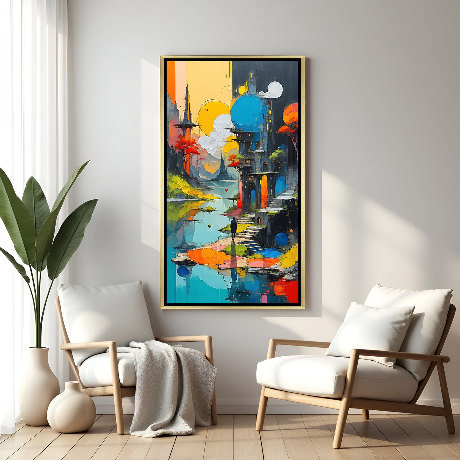 Luxury abstract landscape canvas artwork in golden floater frame with colorful sketch-style scenery and reflective water