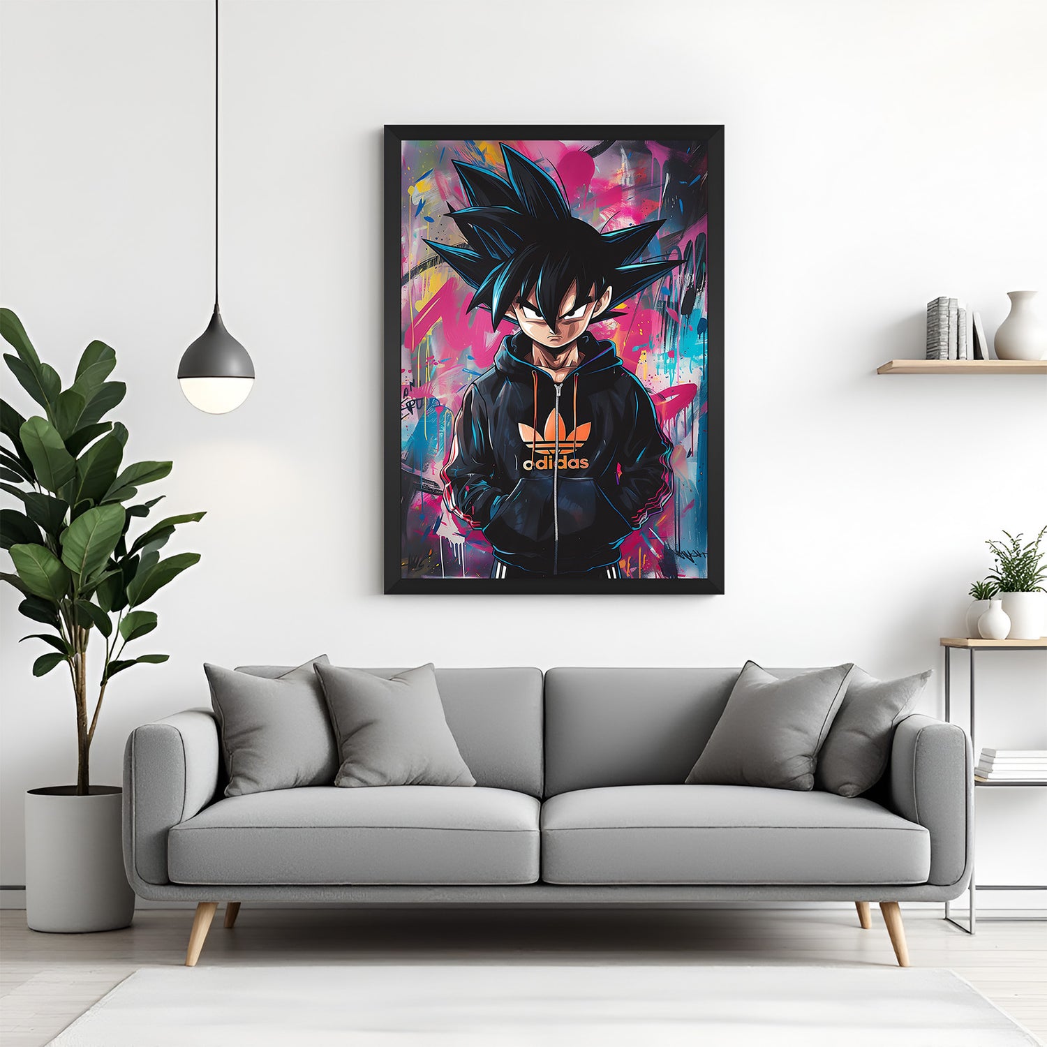 Anime-style Son Goku canvas art in black floater frame – bold and modern