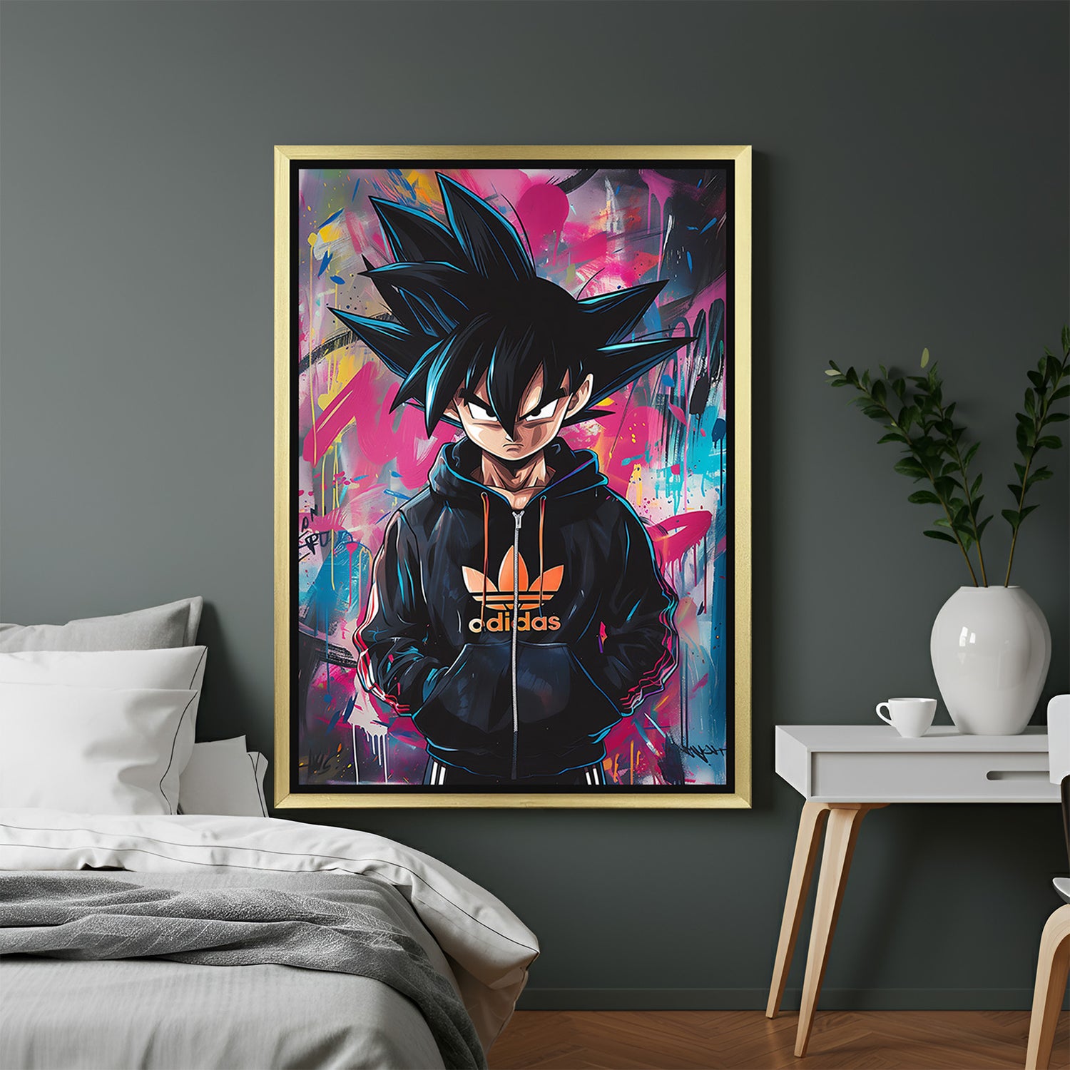 Modern Goku canvas print with golden frame – abstract anime wall decor