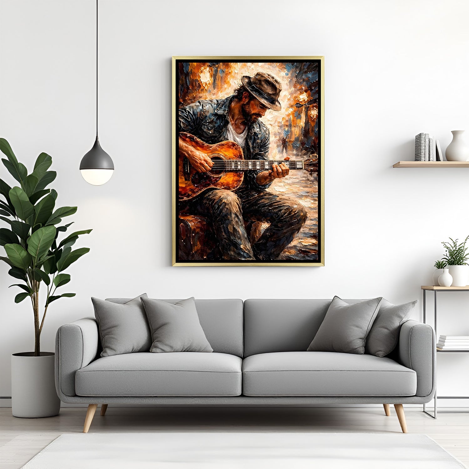 Modern guitar player artwork canvas in luxury golden floater frame with artistic expression