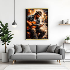 Modern guitar player artwork canvas in luxury golden floater frame with artistic expression
