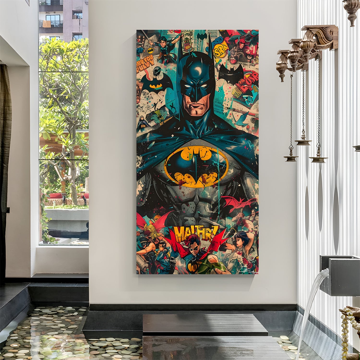 Colorful Batman face canvas wall art in premium canvas wrapped frame featuring vibrant pop art design