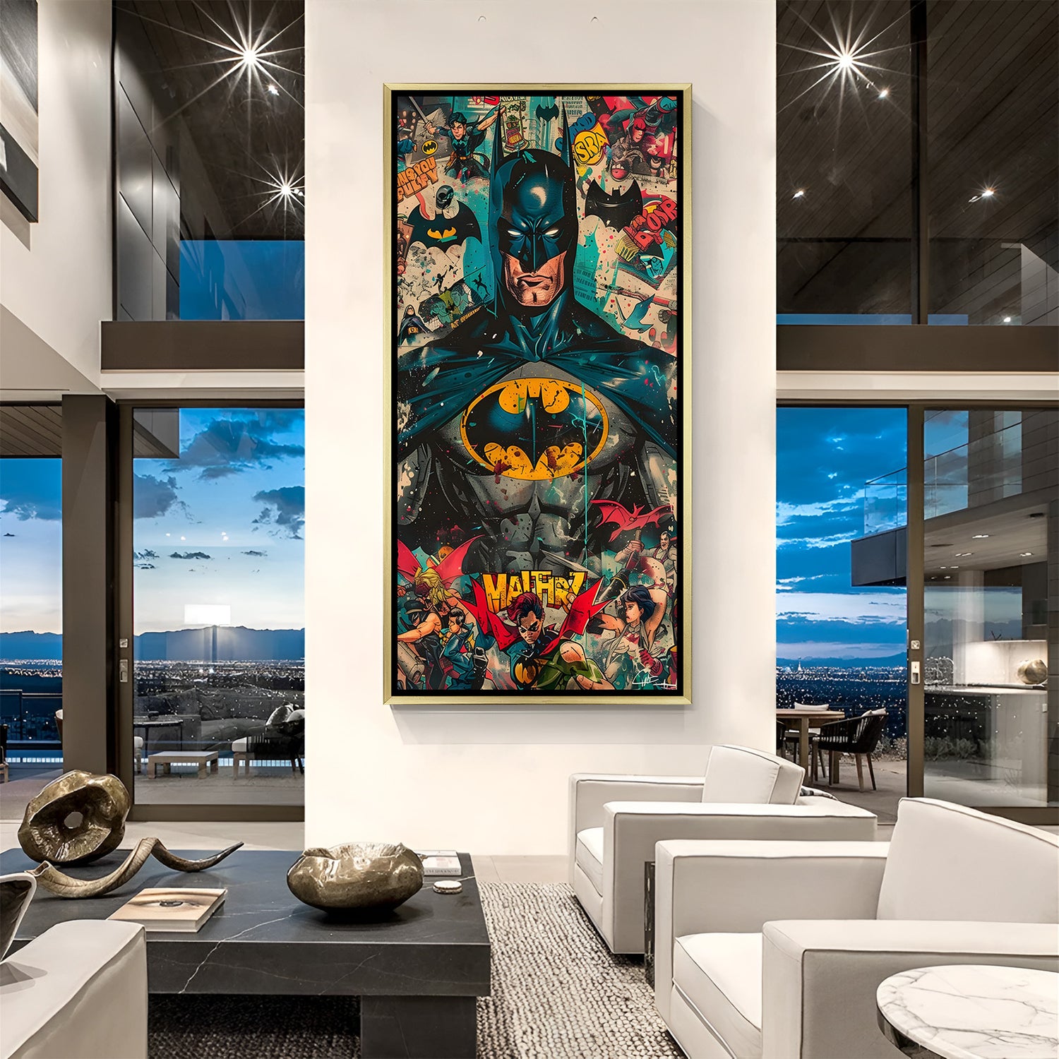 Luxury Batman multicolor canvas artwork in golden floater frame featuring vibrant contemporary superhero art
