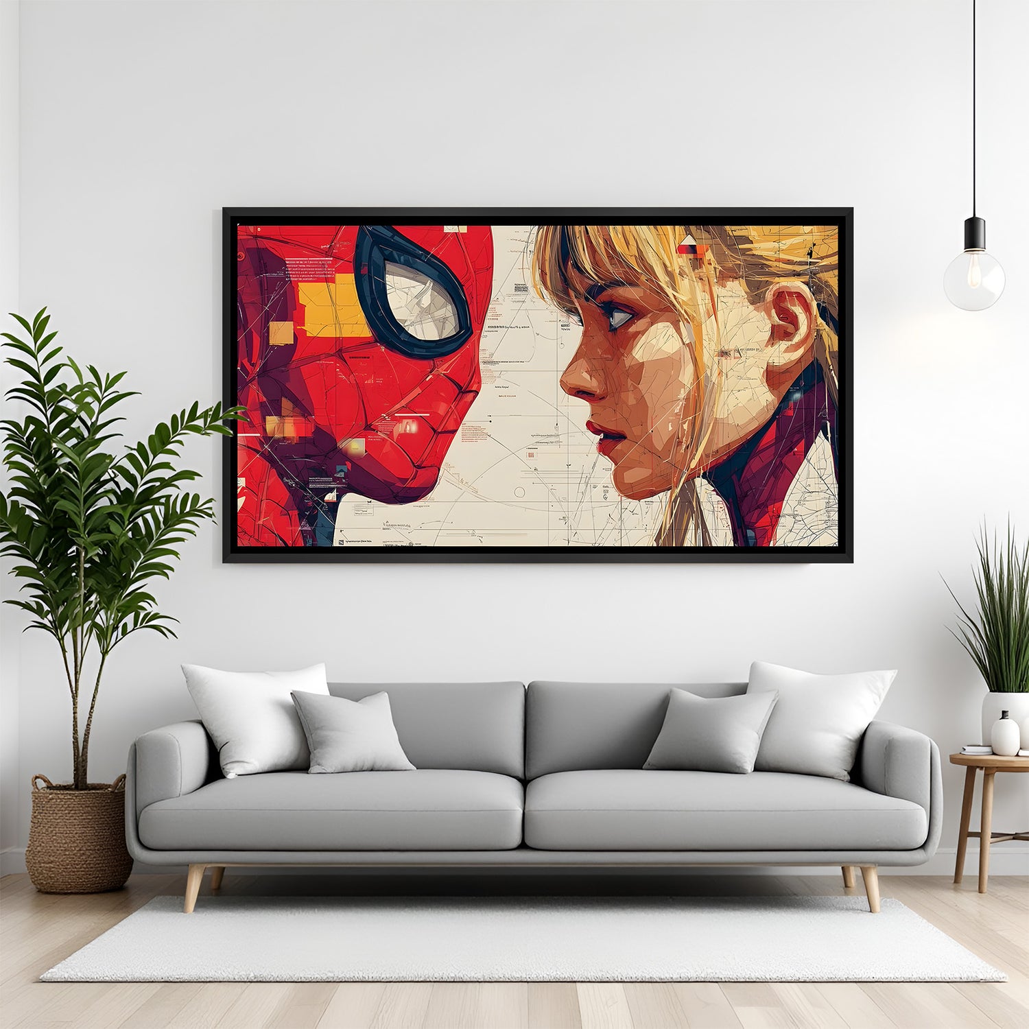 Spider-Man and Gwen Stacy cinematic Marvel artwork in elegant black floater frame