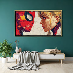 Spider-Man and Gwen Stacy close-up superhero artwork in luxury golden floater frame